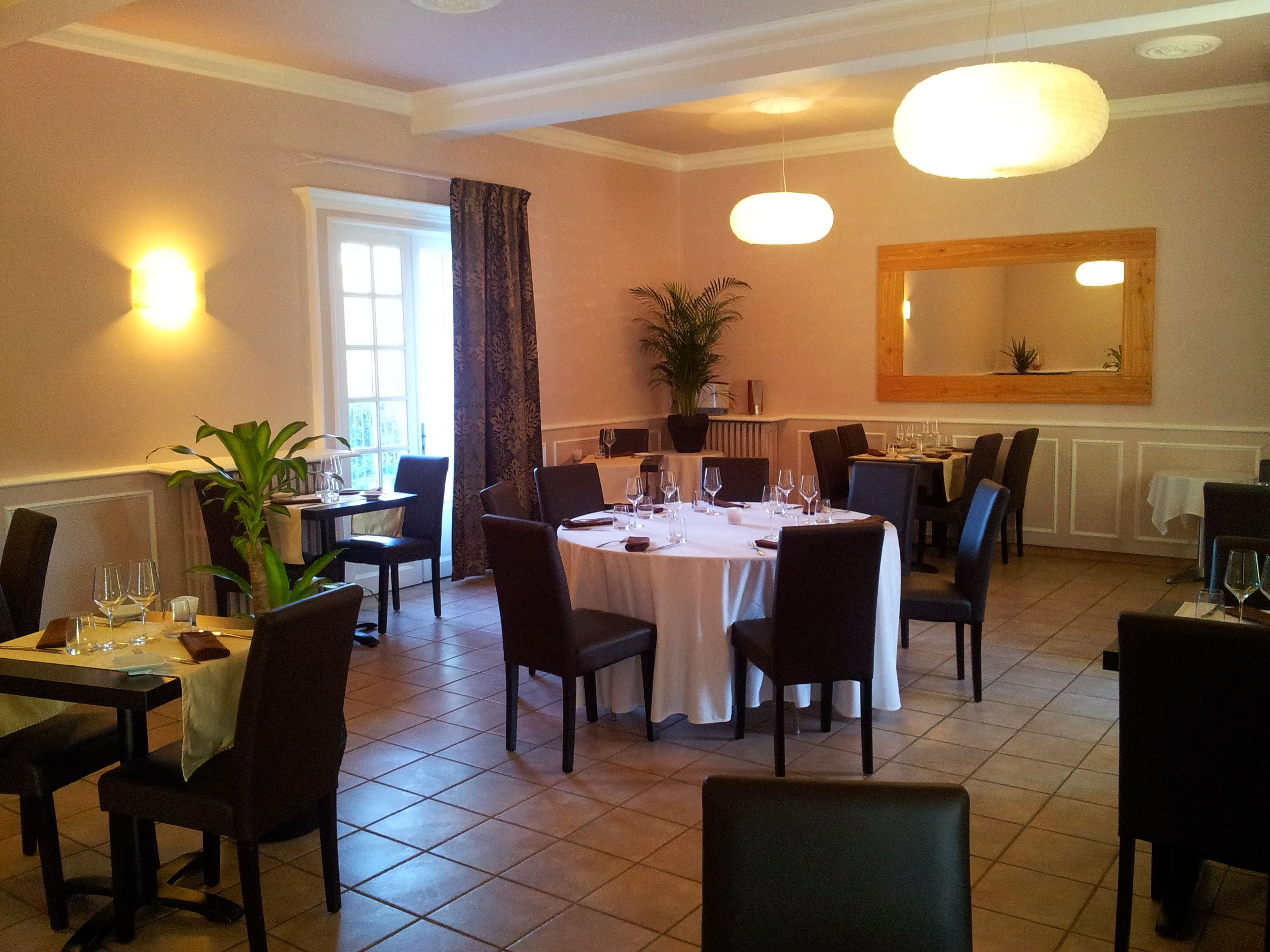 Un comedor con una mesa redonda dispuesta para una comida, rodeada de sillas. Hay una planta en maceta sobre la mesa y la habitación tiene una lámpara en el techo.