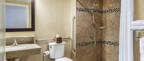 Un baño con inodoro, lavabo y ducha.