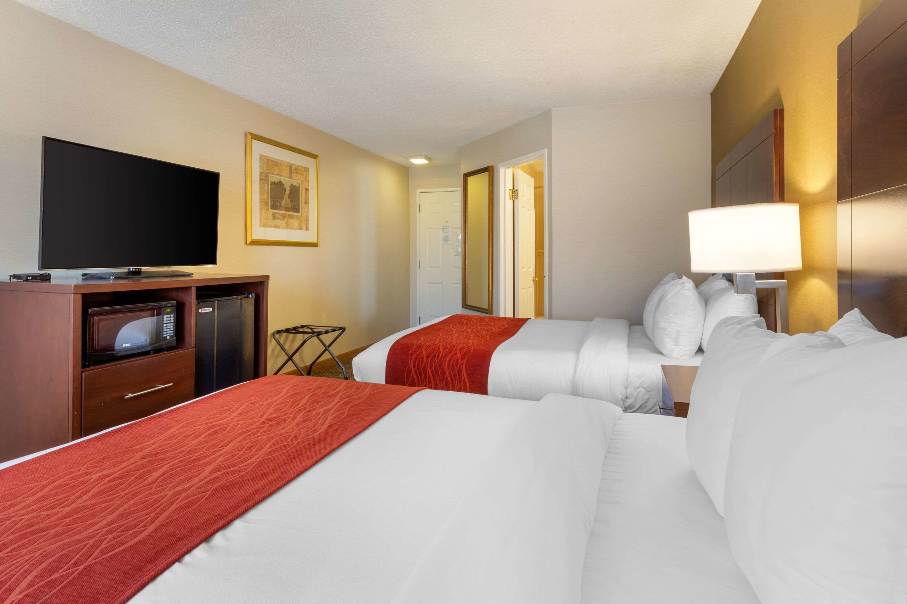 Quarto de hotel com duas camas, televisão, micro-ondas e abajur.