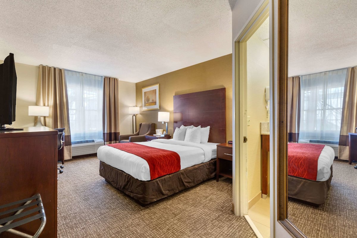 Une chambre d’hôtel avec un grand lit, un bureau, une chaise, une télévision et un miroir.