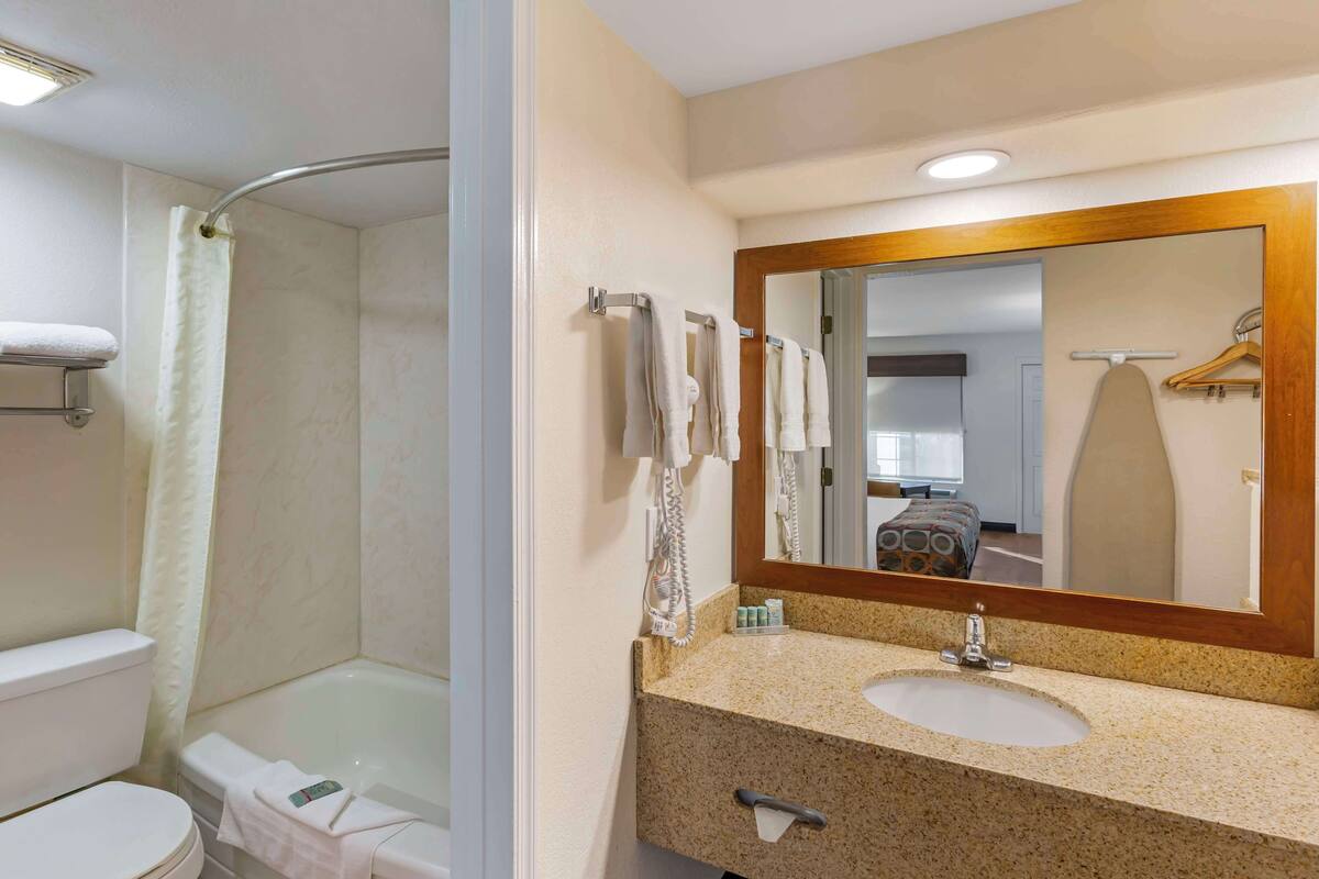 standard room, 1 king bed, non smoking, refrigerator & microwave | bathroom | free toiletries, hair dryer, towels, soap