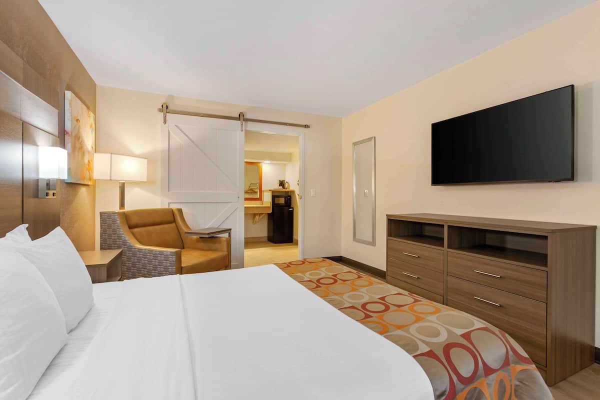 A hotel room with a bed, a desk, a chair, a TV, and a wardrobe.