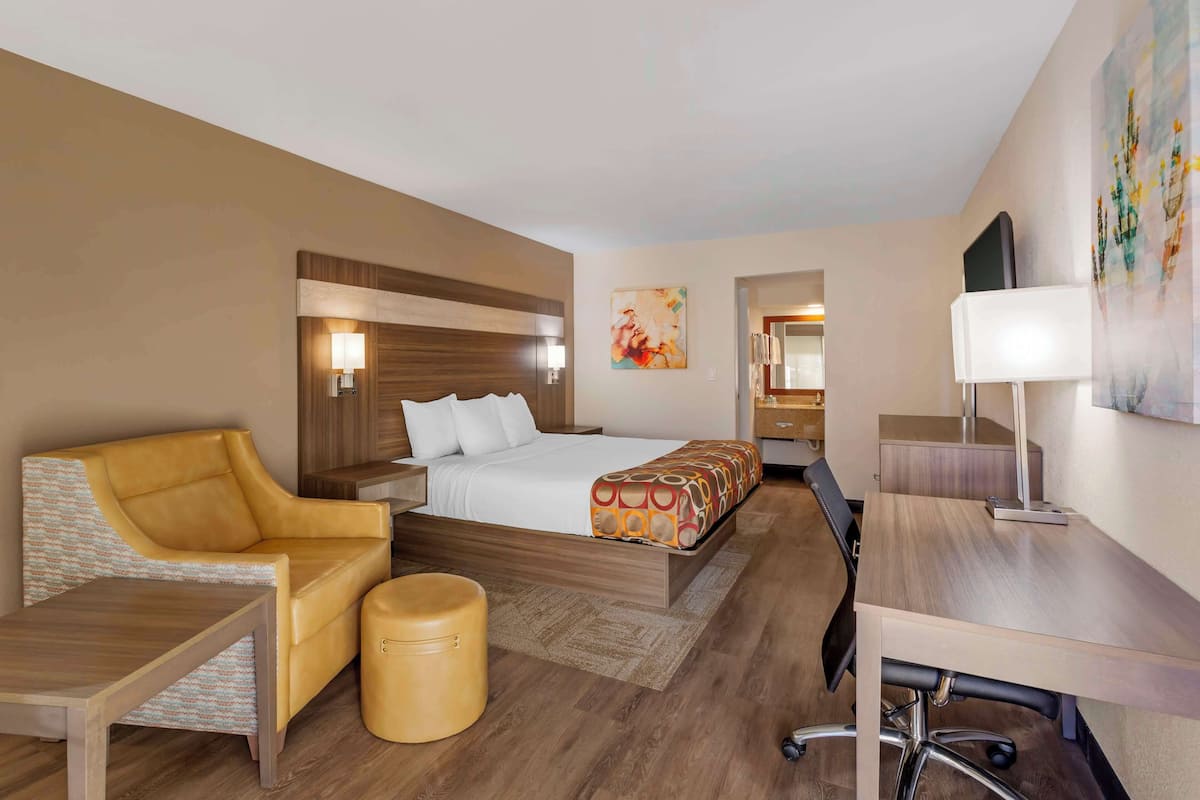 A hotel room with a bed, a sofa, a desk, a chair, a small stool, and a lamp.