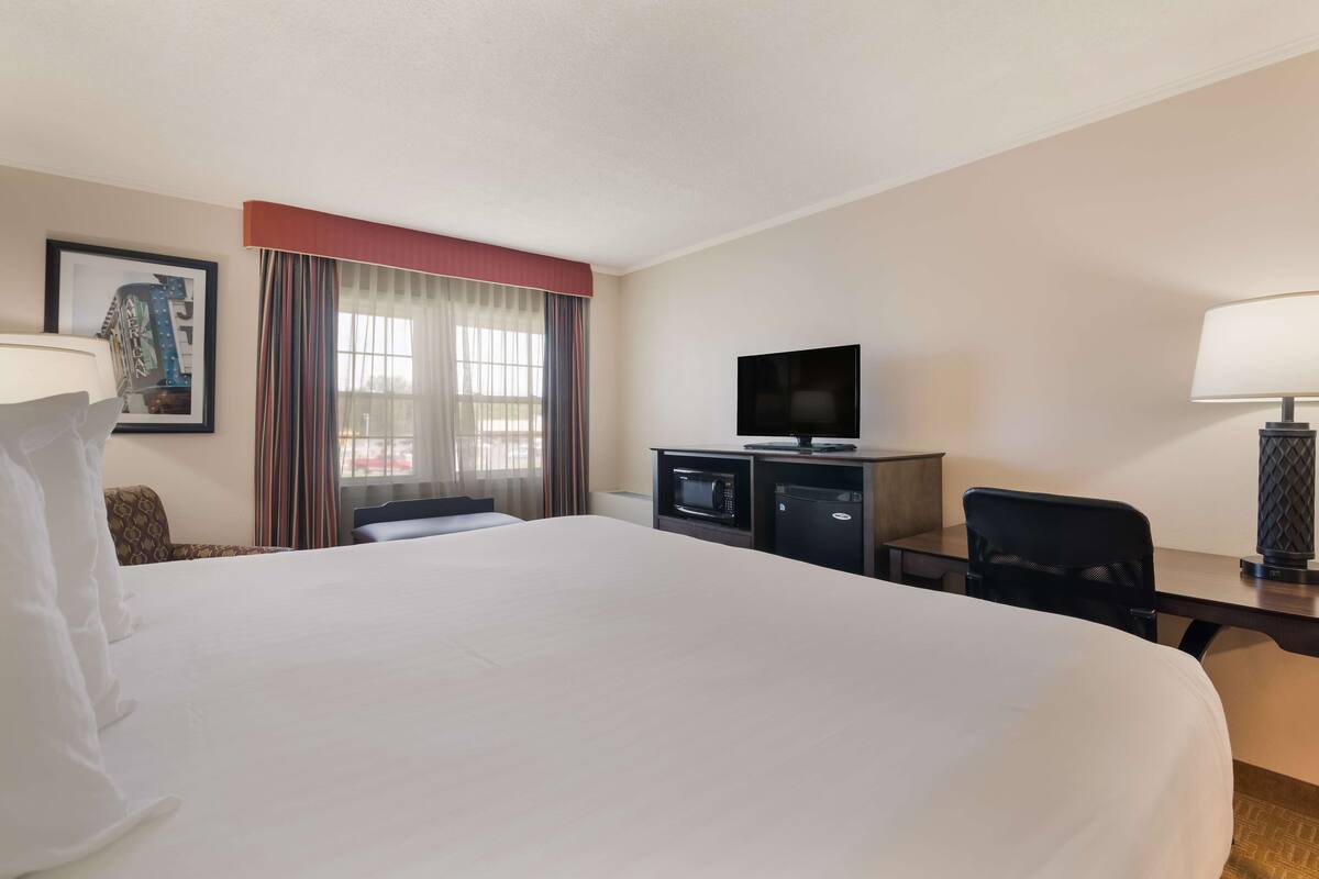 A hotel room with a large bed, a desk with a television, a microwave, and a lamp.