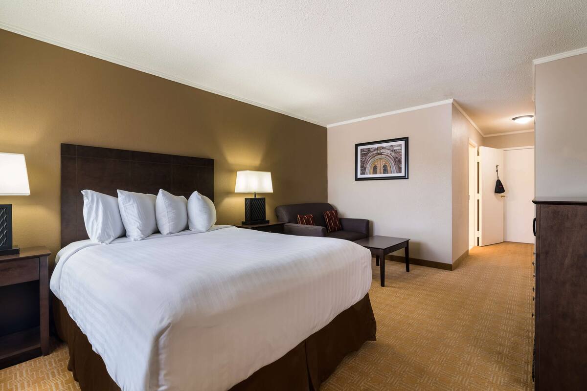 A hotel room with a large bed, a desk, a chair, and a small table.