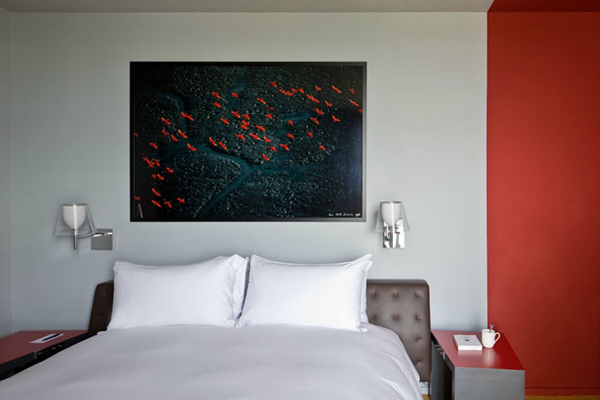 Une chambre d’hôtel avec un grand lit, une table de chevet, un mur d’accent rouge et un tableau représentant des oiseaux.