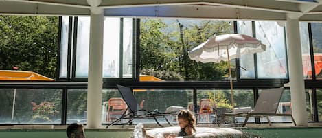 Indoor pool, open 9:00 AM to 10:00 PM, sun loungers