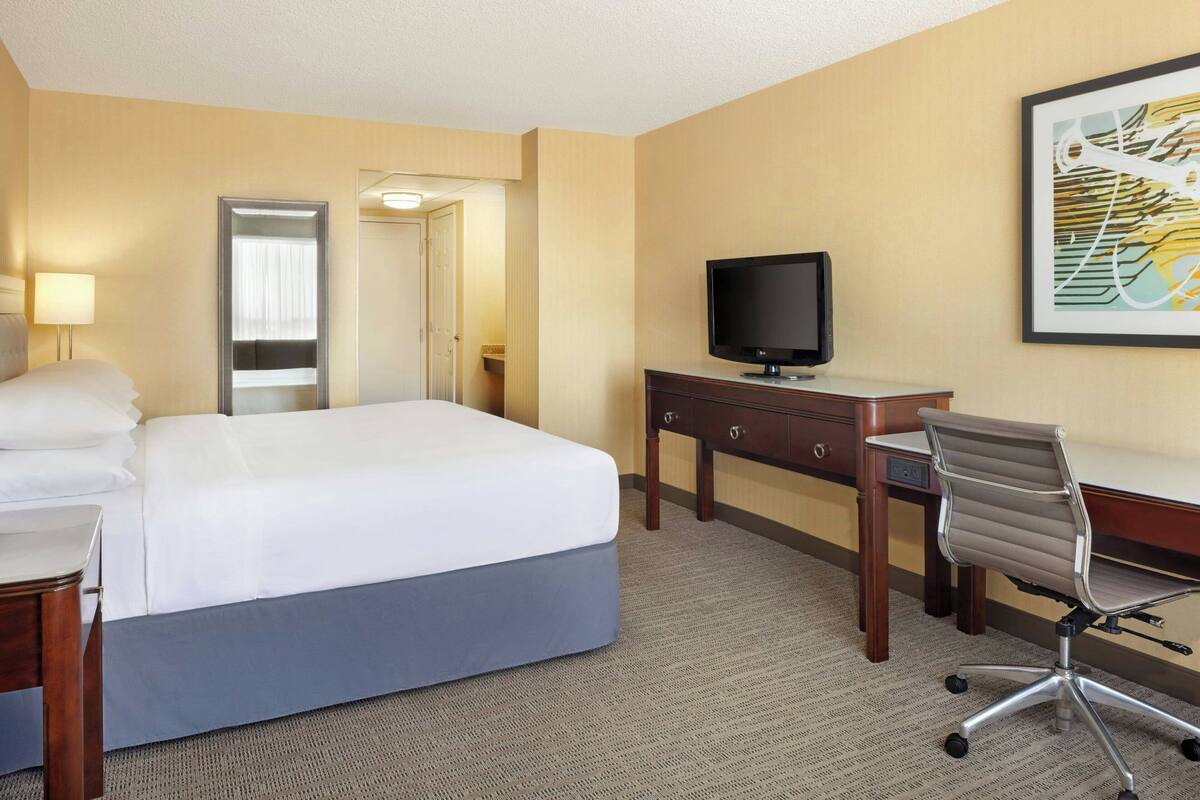 A hotel room with a bed, a desk, a chair, a television, and a mirror.