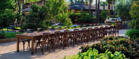 An outdoor dining area with long wooden tables and chairs, surrounded by lush greenery and palm trees.
