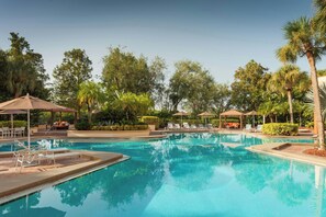Una piscina cubierta, una piscina al aire libre, sombrillas, tumbonas