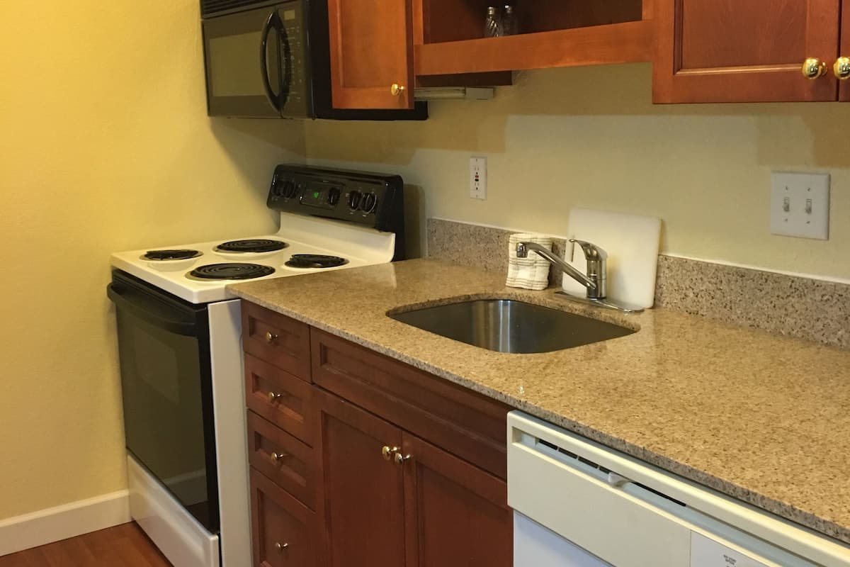 Full-sized fridge, microwave, oven, stovetop