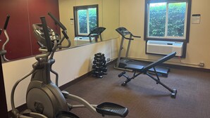 A gym with exercise equipment, a window with a view of greenery, and a mirror reflecting the equipment. - Red Roof Inn Seattle Airport - SEATAC (SeaTac)