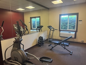 Un gimnasio con equipo de ejercicio, una ventana que ofrece vistas a zonas verdes y un espejo que refleja el equipo.