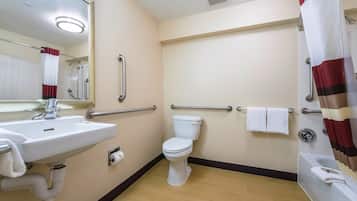 Combined shower/tub, eco-friendly toiletries, hair dryer, towels