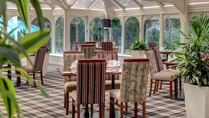A conservatory with dining tables, chairs, and potted plants.