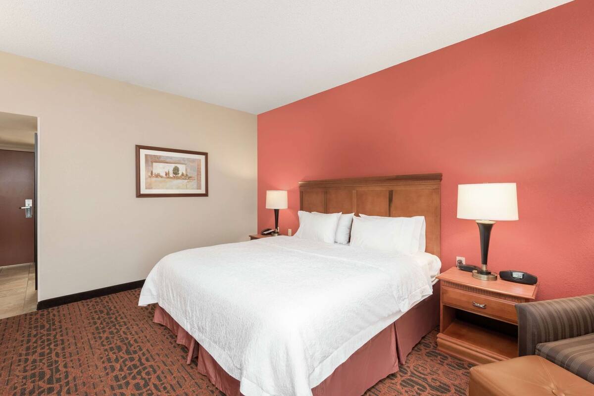 A hotel room with a large bed, two bedside tables with lamps, a framed picture on the wall, and a patterned carpet.