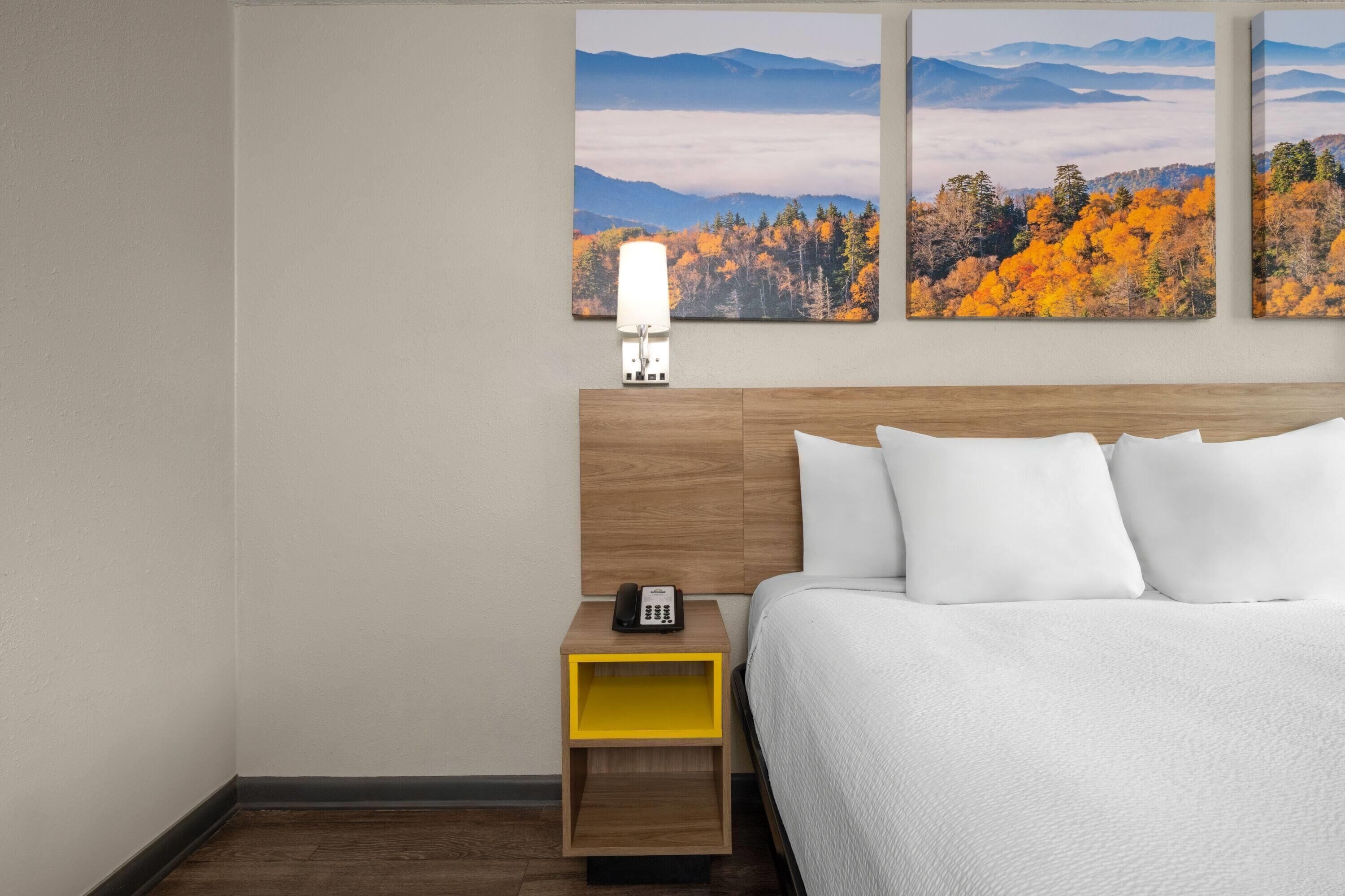 A hotel room with a wooden headboard, white bedding, a bedside table with a lamp, and two landscape paintings on the wall.