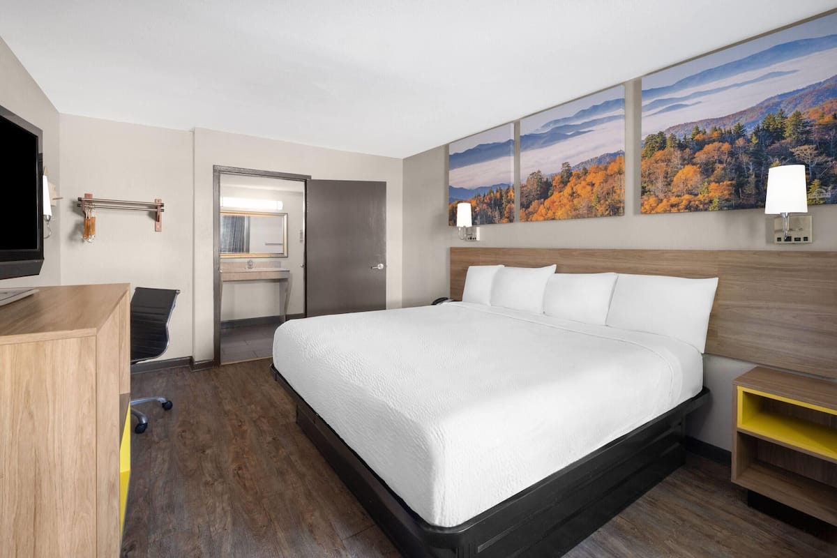 Una habitación de hotel con una cama grande, un escritorio, una televisión y obras de arte en las paredes.