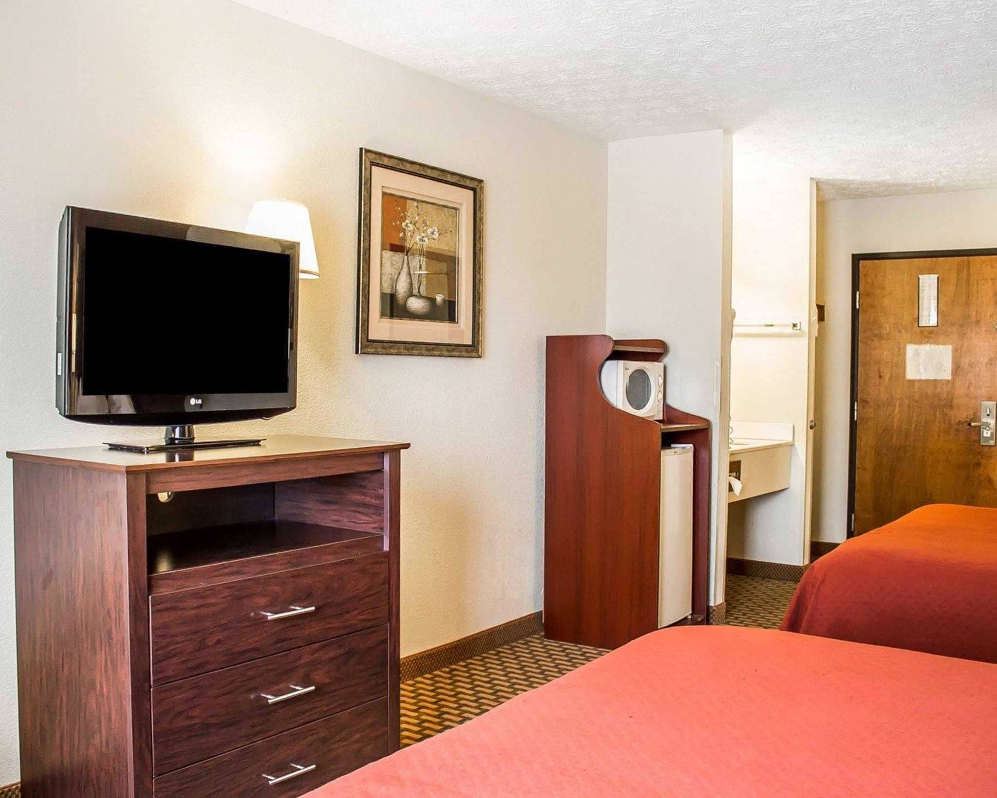 Une chambre d’hôtel équipée d’une télévision, d’un tableau encadré, d’un four à micro-ondes, d’un lavabo et de deux lits.
