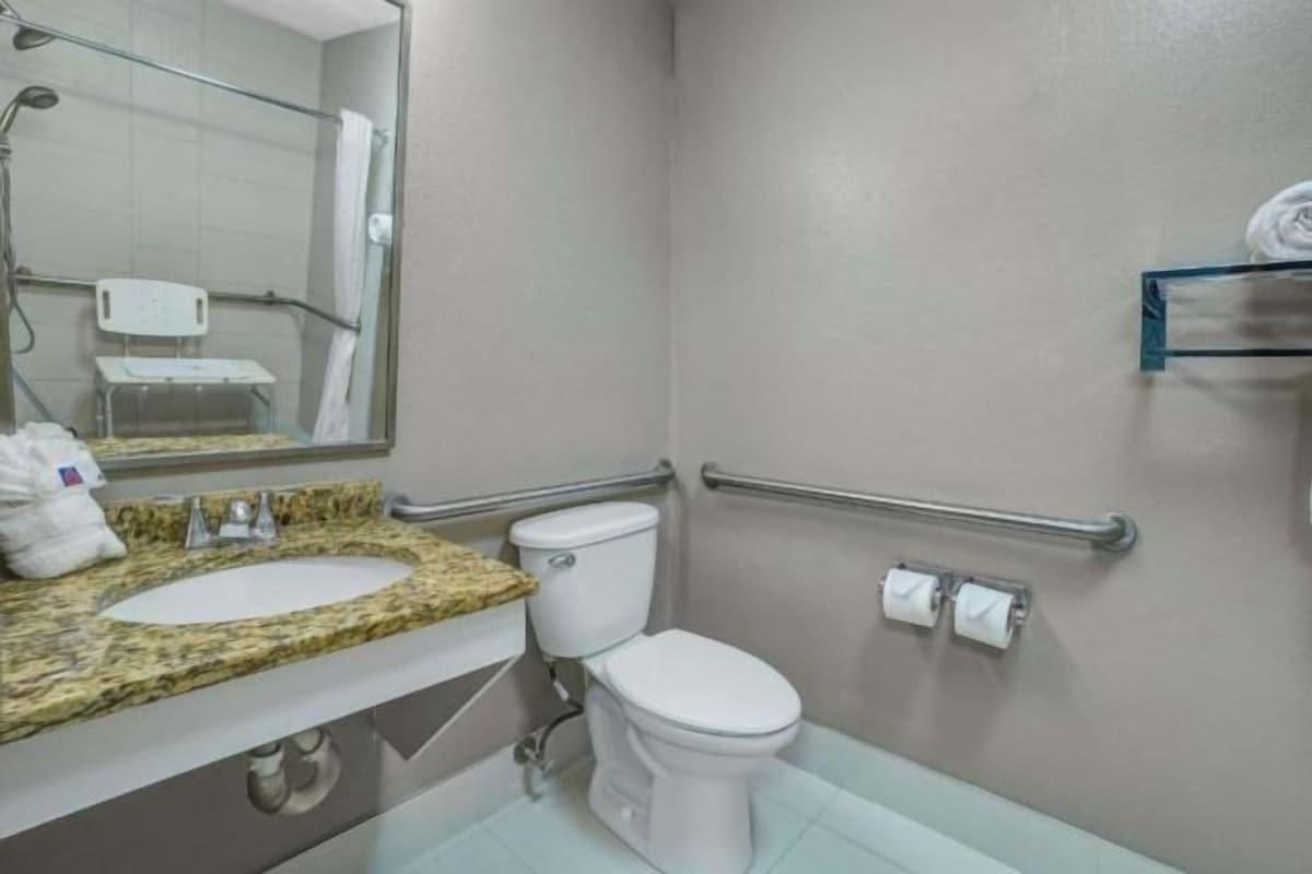 A bathroom with a sink, toilet, and shower. There are handrails on the walls and a towel rack.