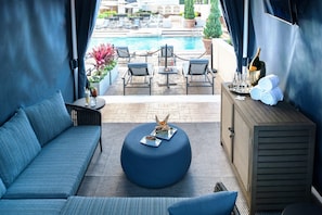 Outdoor pool, pool umbrellas, pool loungers