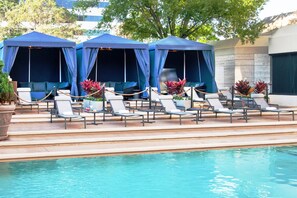 Outdoor pool, pool umbrellas, pool loungers