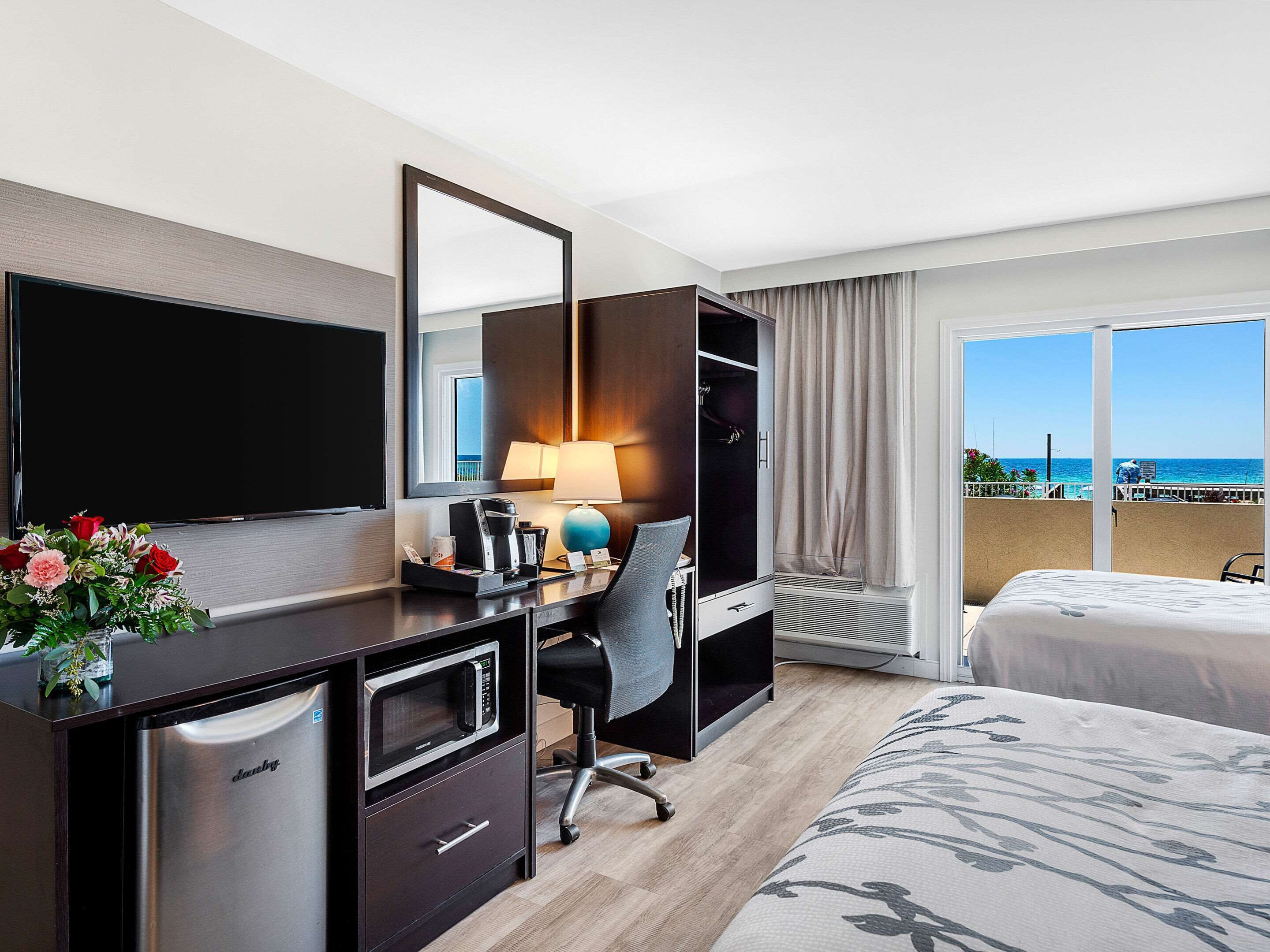 premium bedding, desk, blackout curtains, iron/ironing board