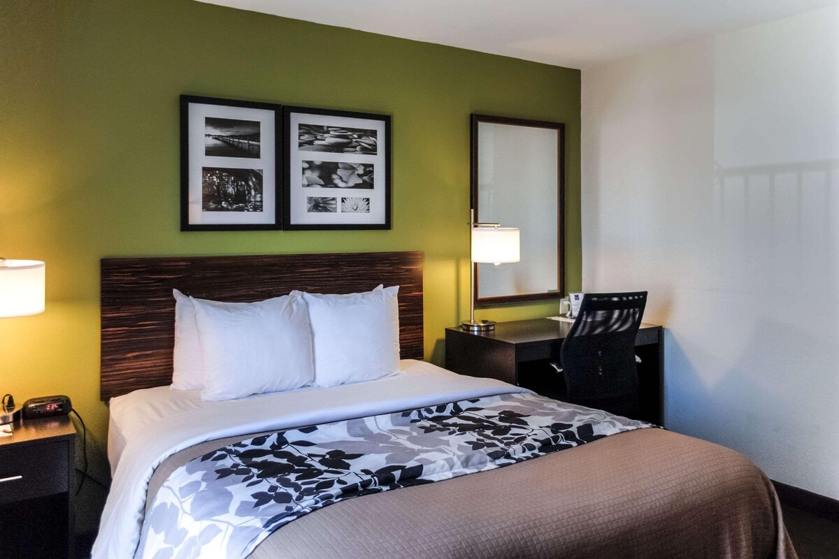 A hotel room with a bed, a desk, a chair, a lamp, and framed pictures on the wall.