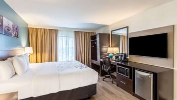 Una habitación de hotel con cama, escritorio y televisión.