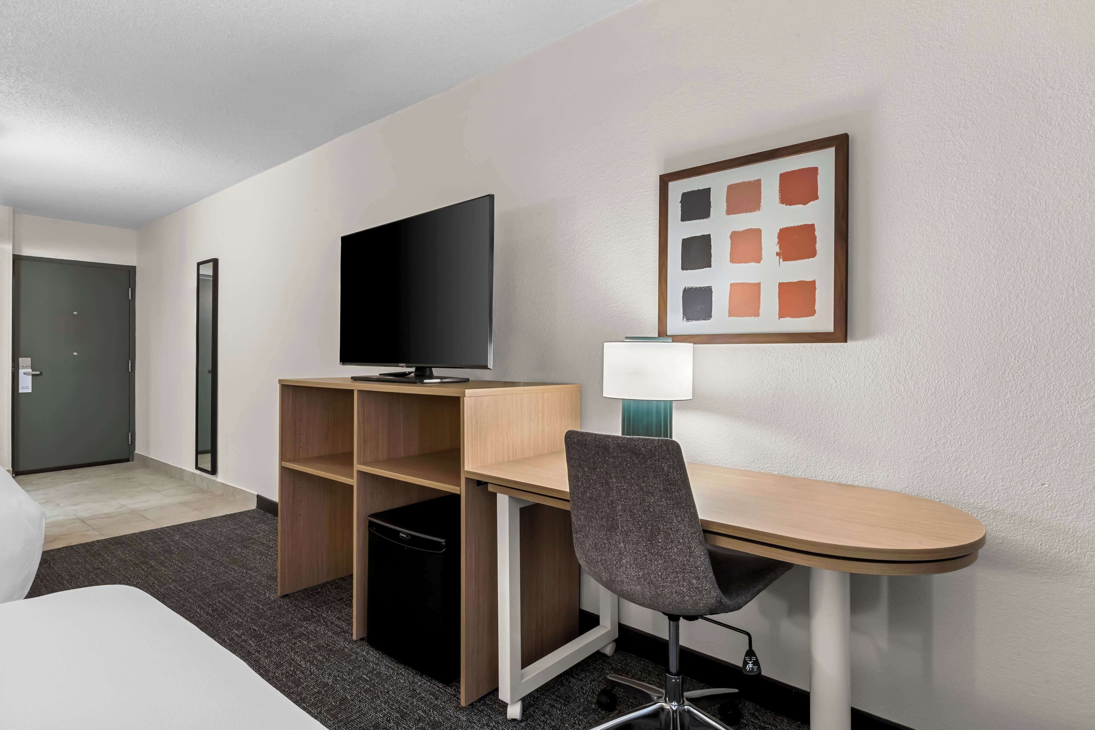 Habitación de hotel con cama, escritorio con silla, televisor, lámpara y un cuadro en la pared.