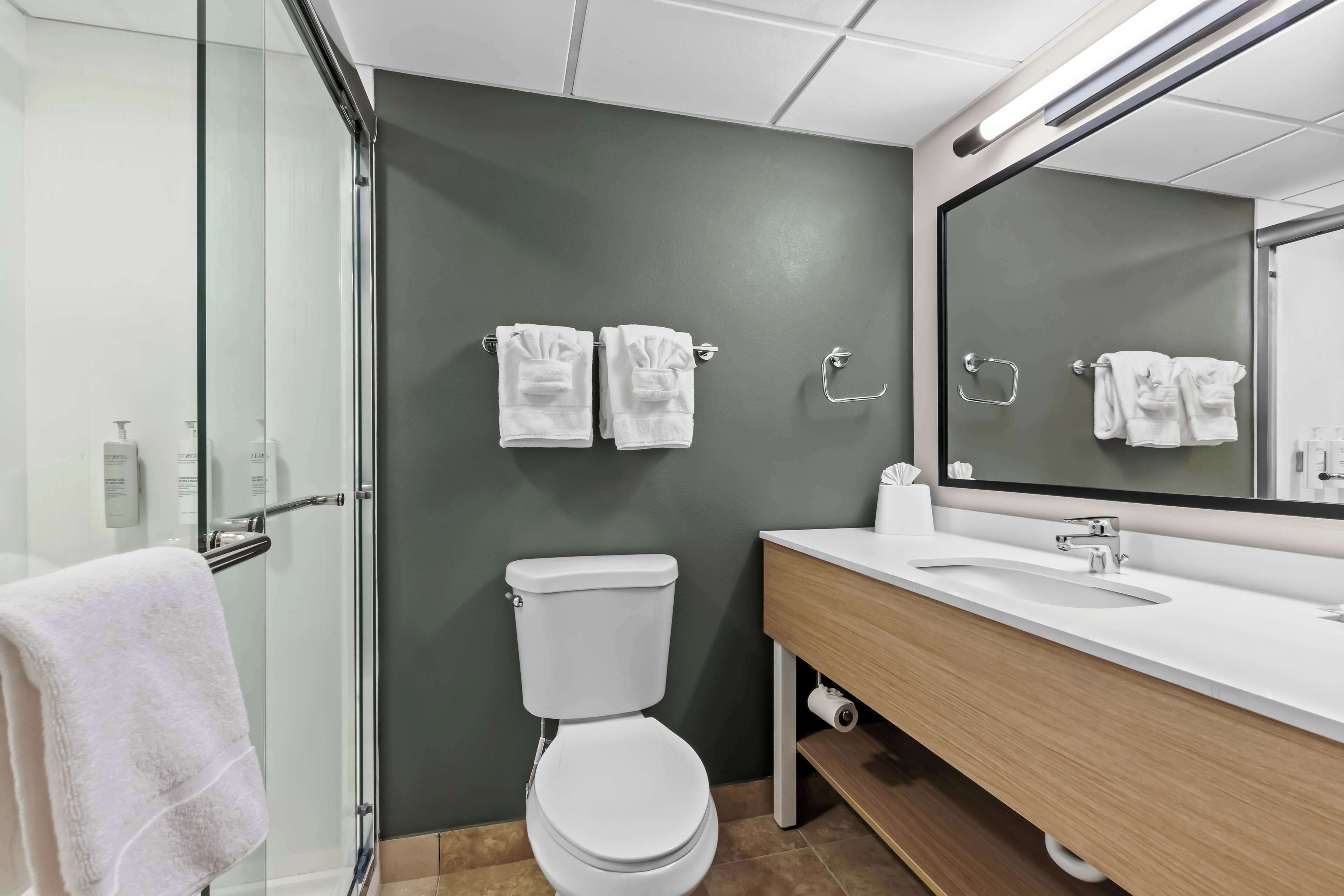Un baño moderno con cabina de ducha de vidrio, inodoro blanco y tocador de madera con lavabo.