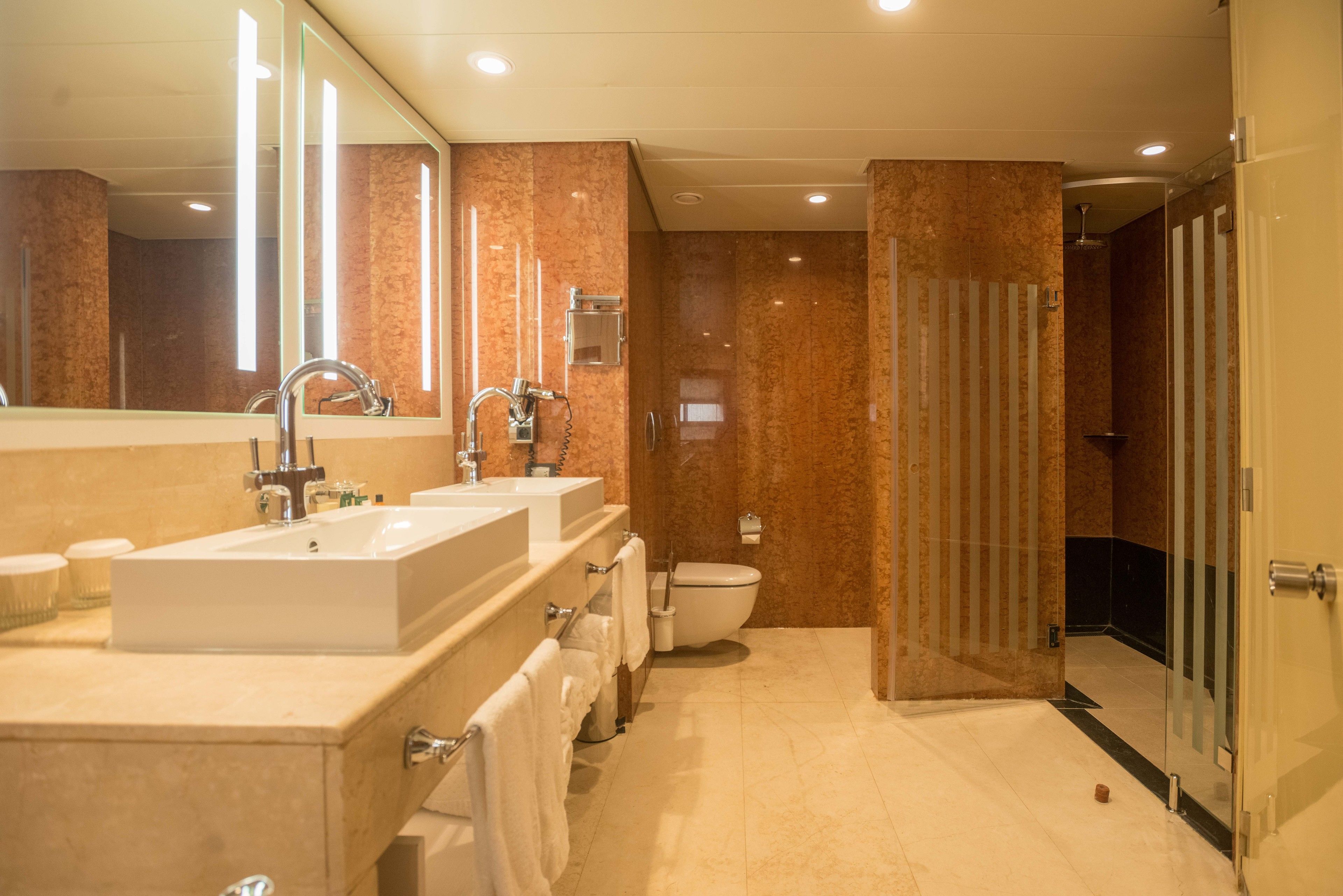 A modern bathroom with a large mirror, two sinks, a toilet, and a glass-enclosed shower area.