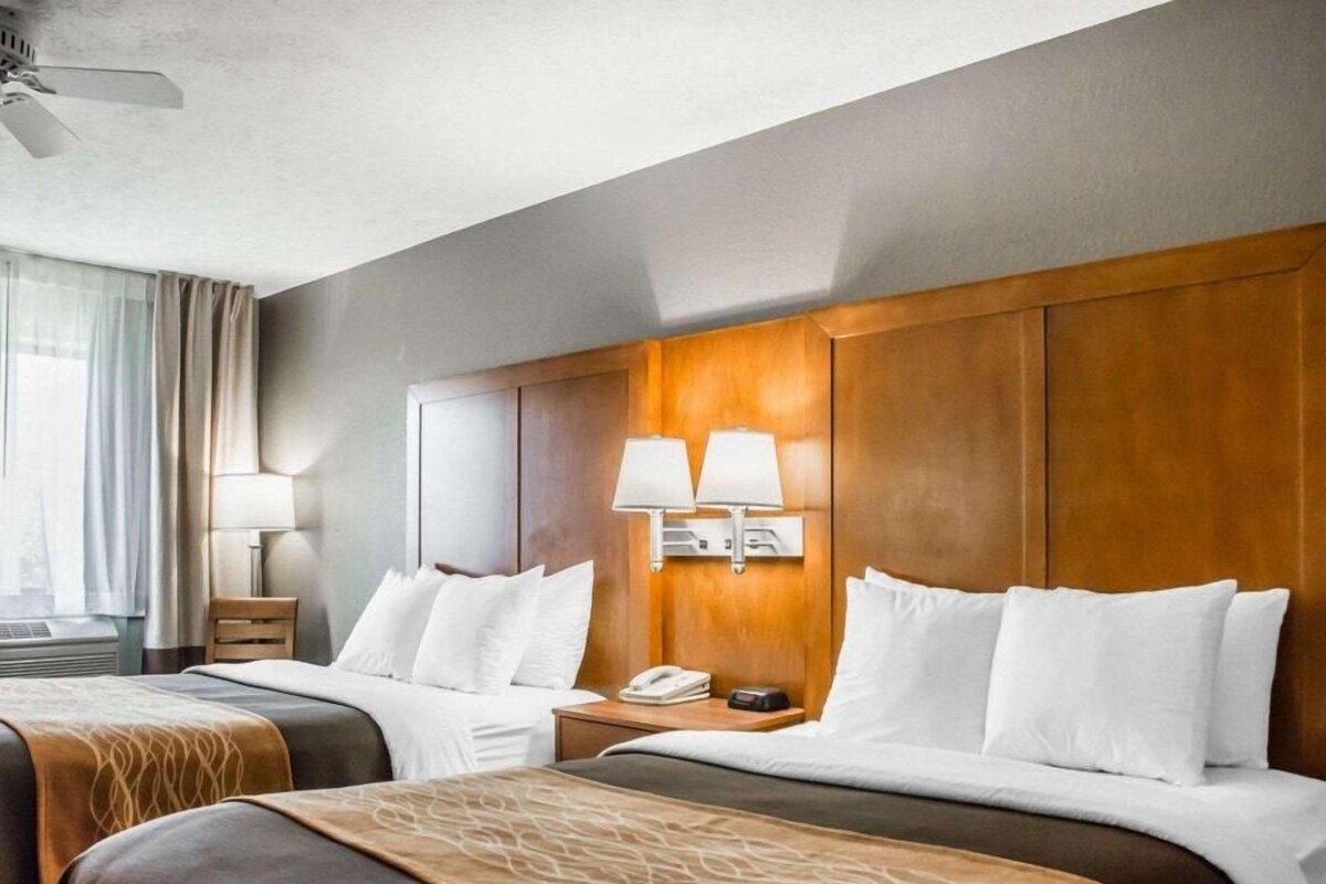 A hotel room with two beds, a wooden headboard, a nightstand with a lamp, and a window with curtains.