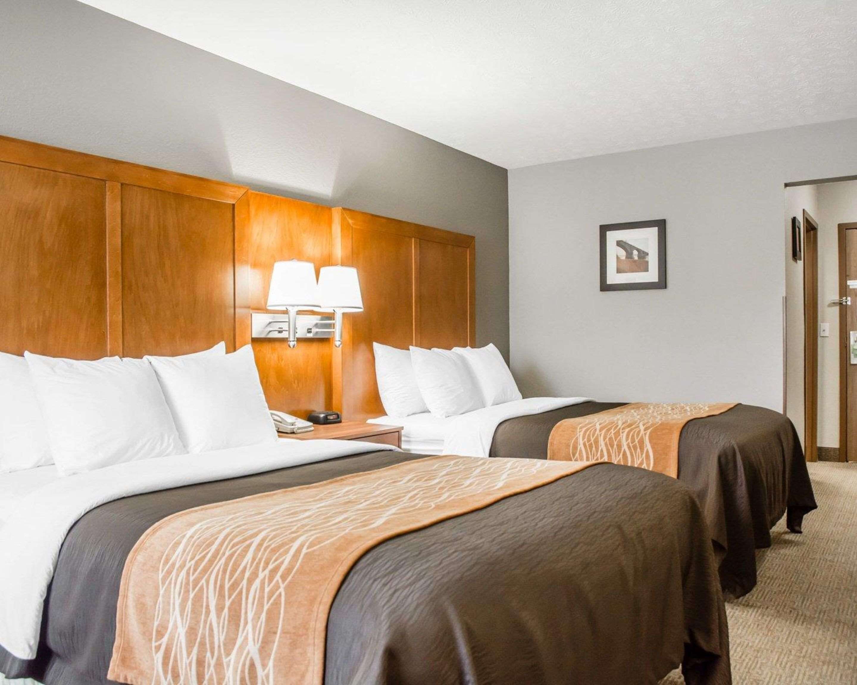 A hotel room with two beds, a wooden headboard, a nightstand with a lamp, and a framed picture on the wall.