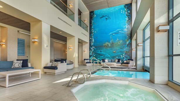 Un amplio espacio interior con piscina, un gran mural de una escena submarina, un área de descanso con sofás y una mesa de centro, y un jacuzzi.