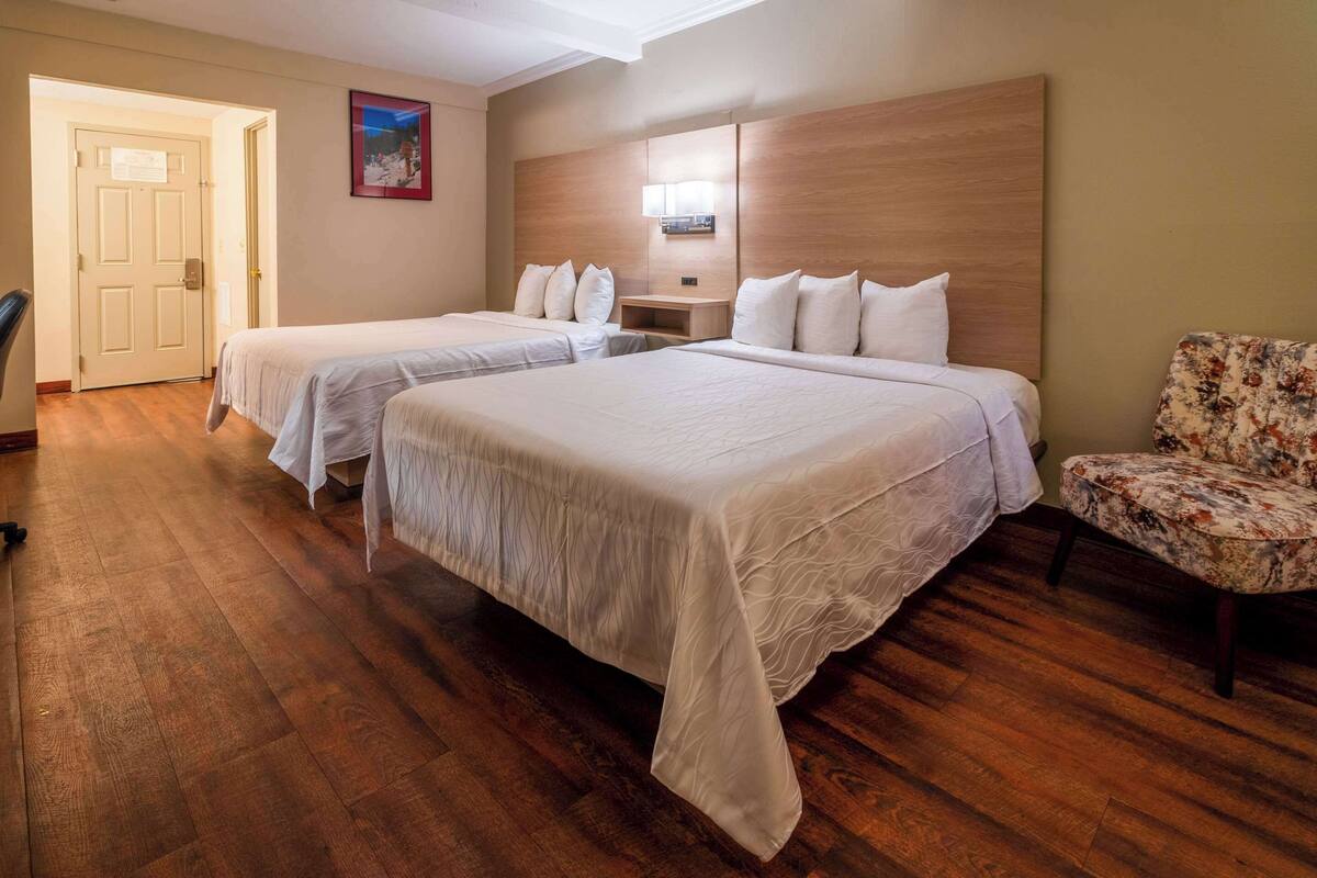 Habitación de hotel con dos camas, cabecera de madera, mesita de noche, una silla y una puerta.