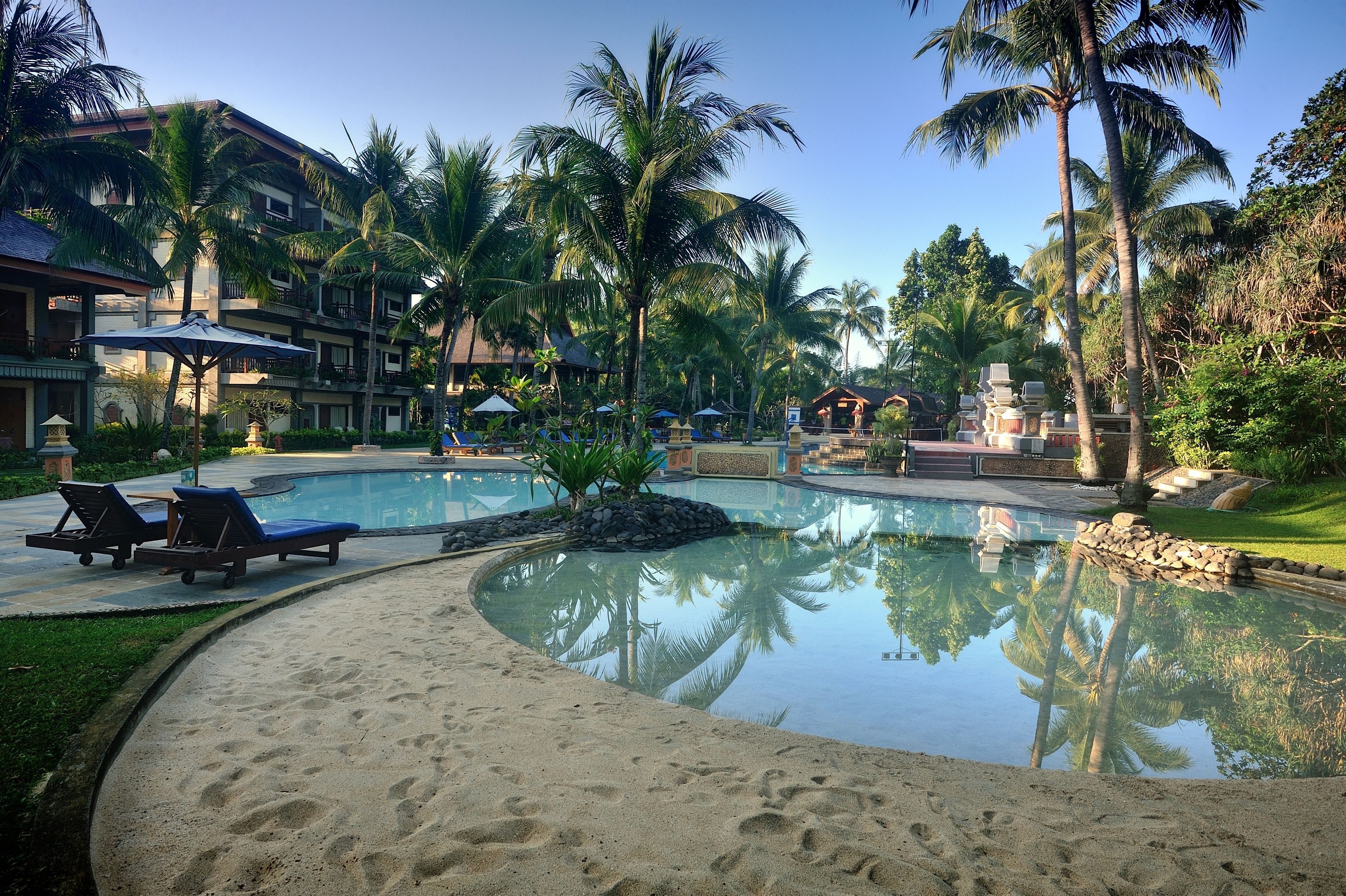 Zwembadgedeelte van een resort met ligbedden, palmbomen en een heldere lucht.