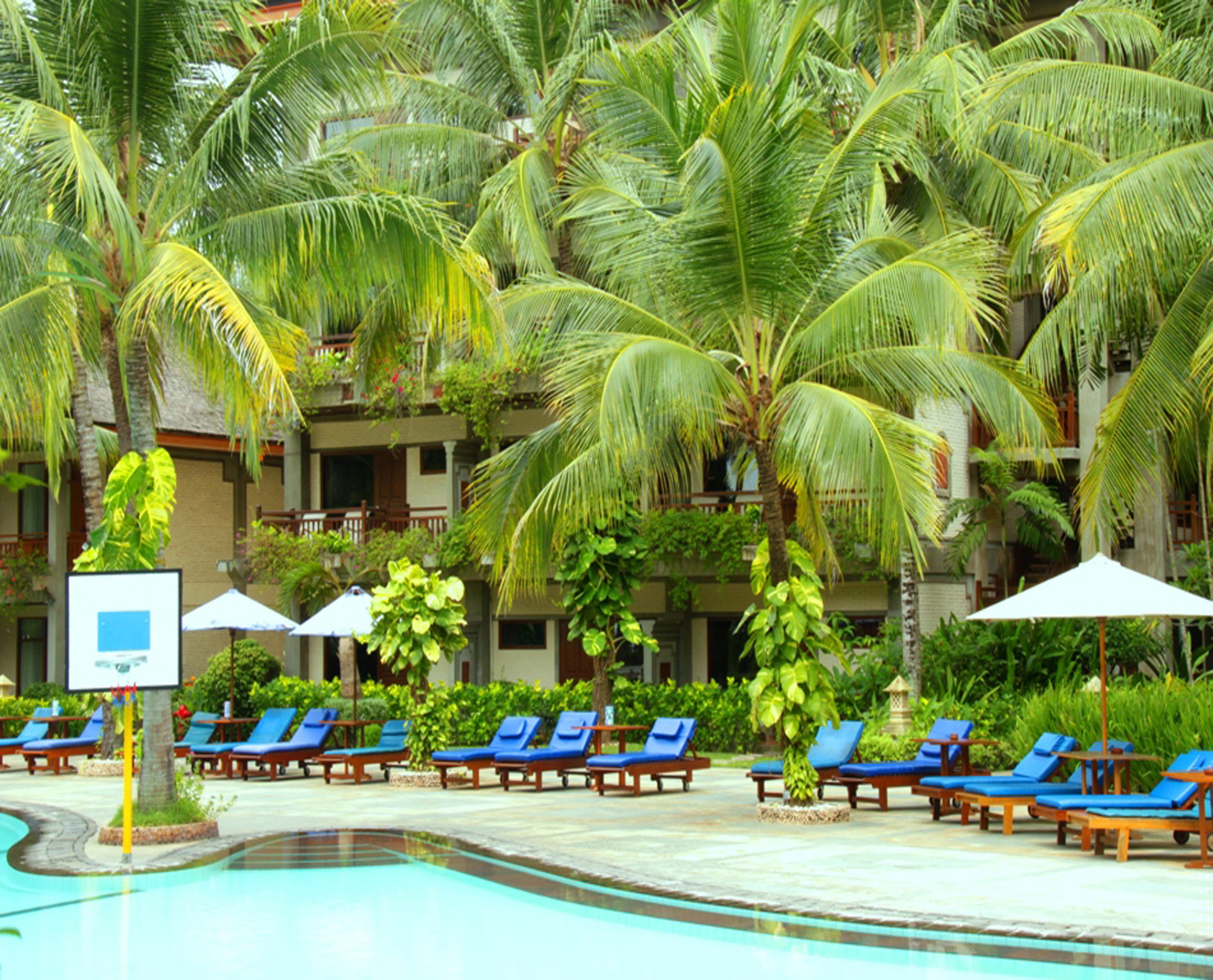Un espace aménagé au bord de la piscine, avec des chaises longues et des parasols, entouré de palmiers et d’un bâtiment doté de balcons.