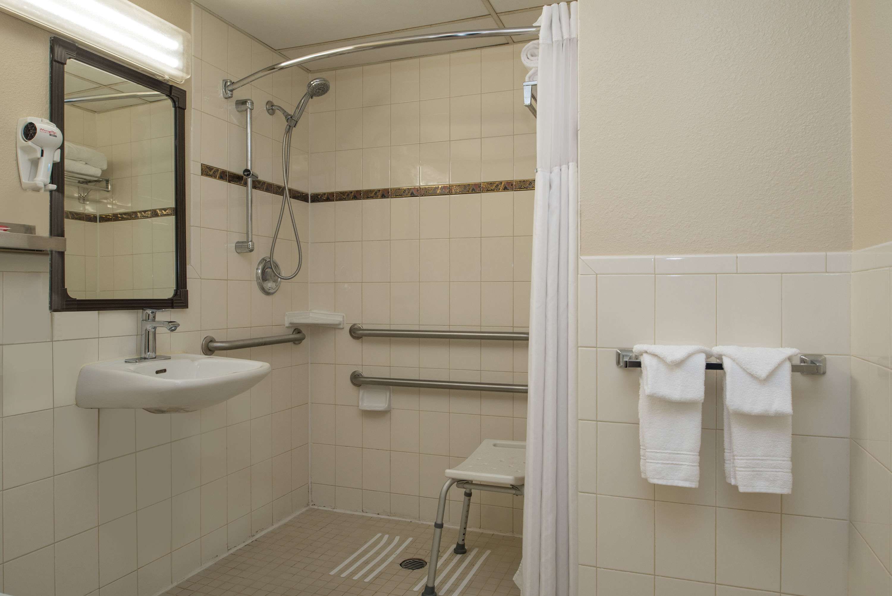A bathroom with a sink, mirror, shower, grab bars, and a towel rack.