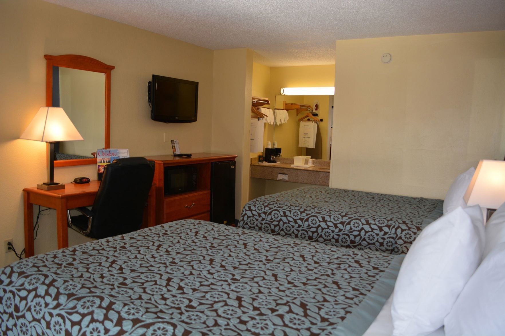 Premium bedding, desk, blackout curtains, iron/ironing board