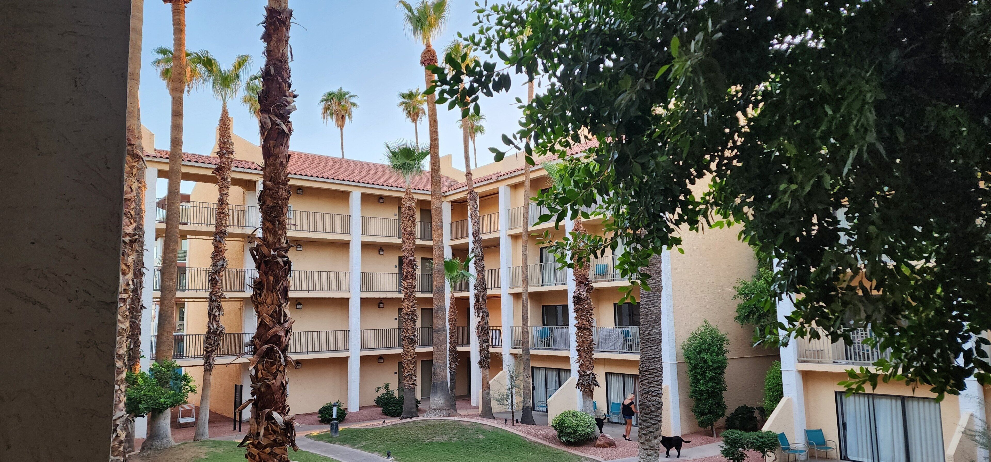 A multi-story building with balconies, palm trees, and a courtyard.