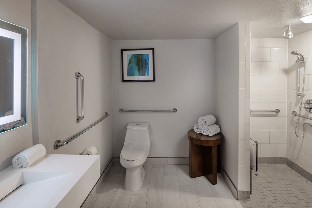 Un baño moderno con inodoro, lavabo y ducha.