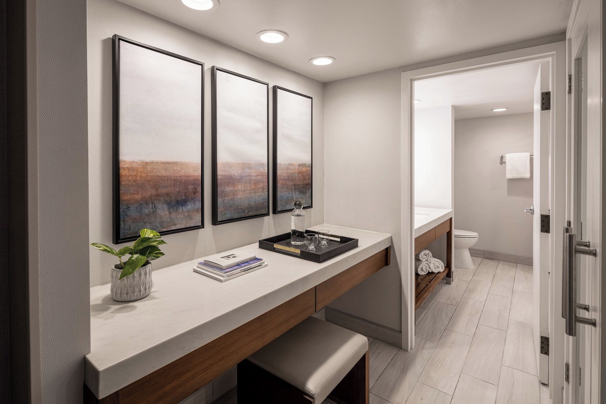 A modern bathroom with a white countertop, a sink, and a mirror. There are three framed artworks above the mirror, a potted plant on the countertop, and a toilet visible in the background.