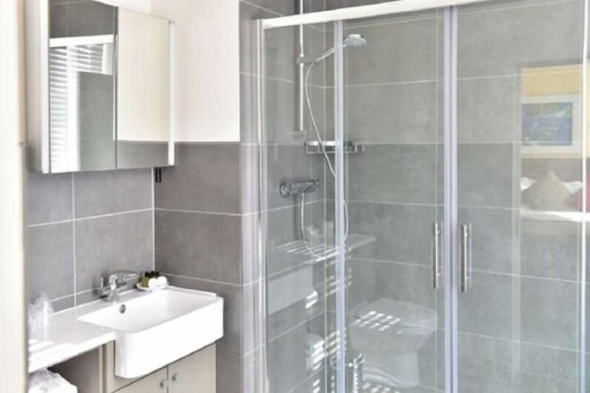 Une salle de bain moderne avec une douche à parois de verre, un lavabo blanc et un miroir au-dessus du lavabo.