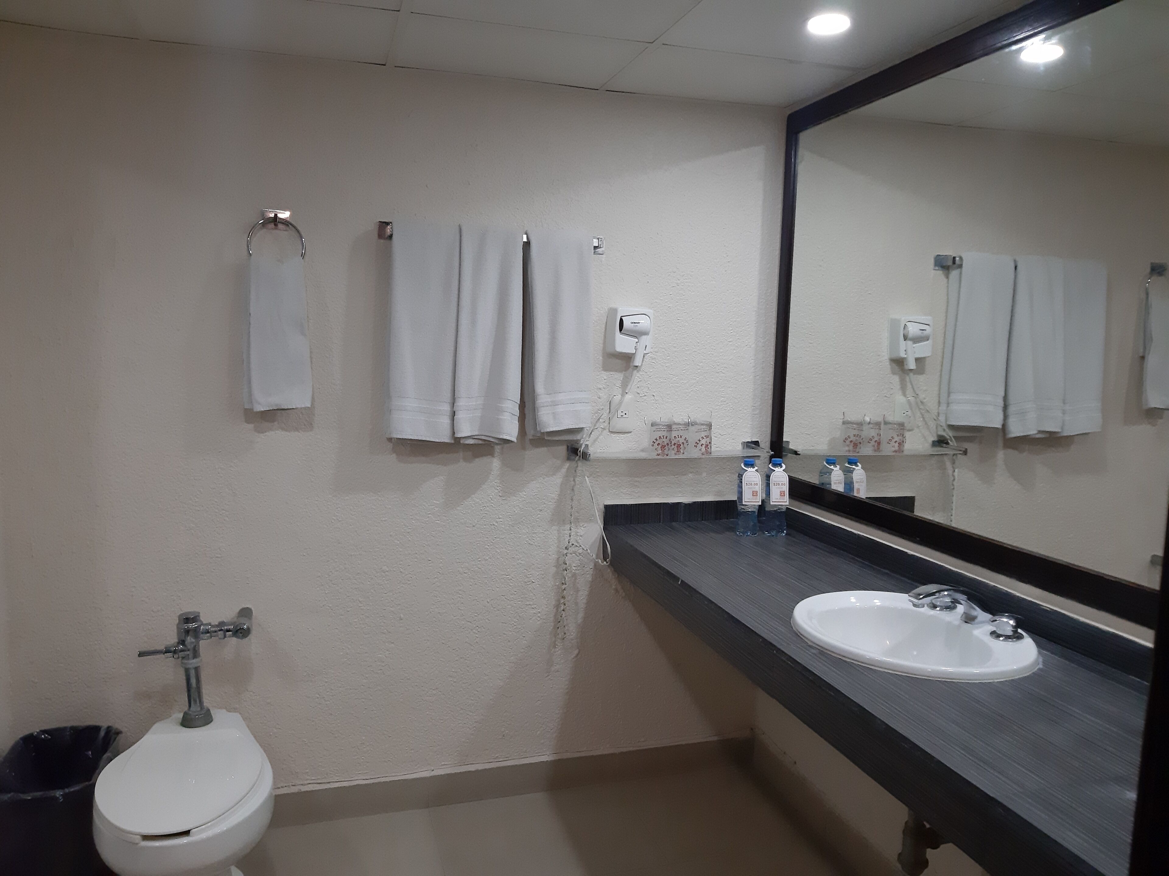 Une salle de bain équipée de toilettes, d’un lavabo et d’un sèche-mains.