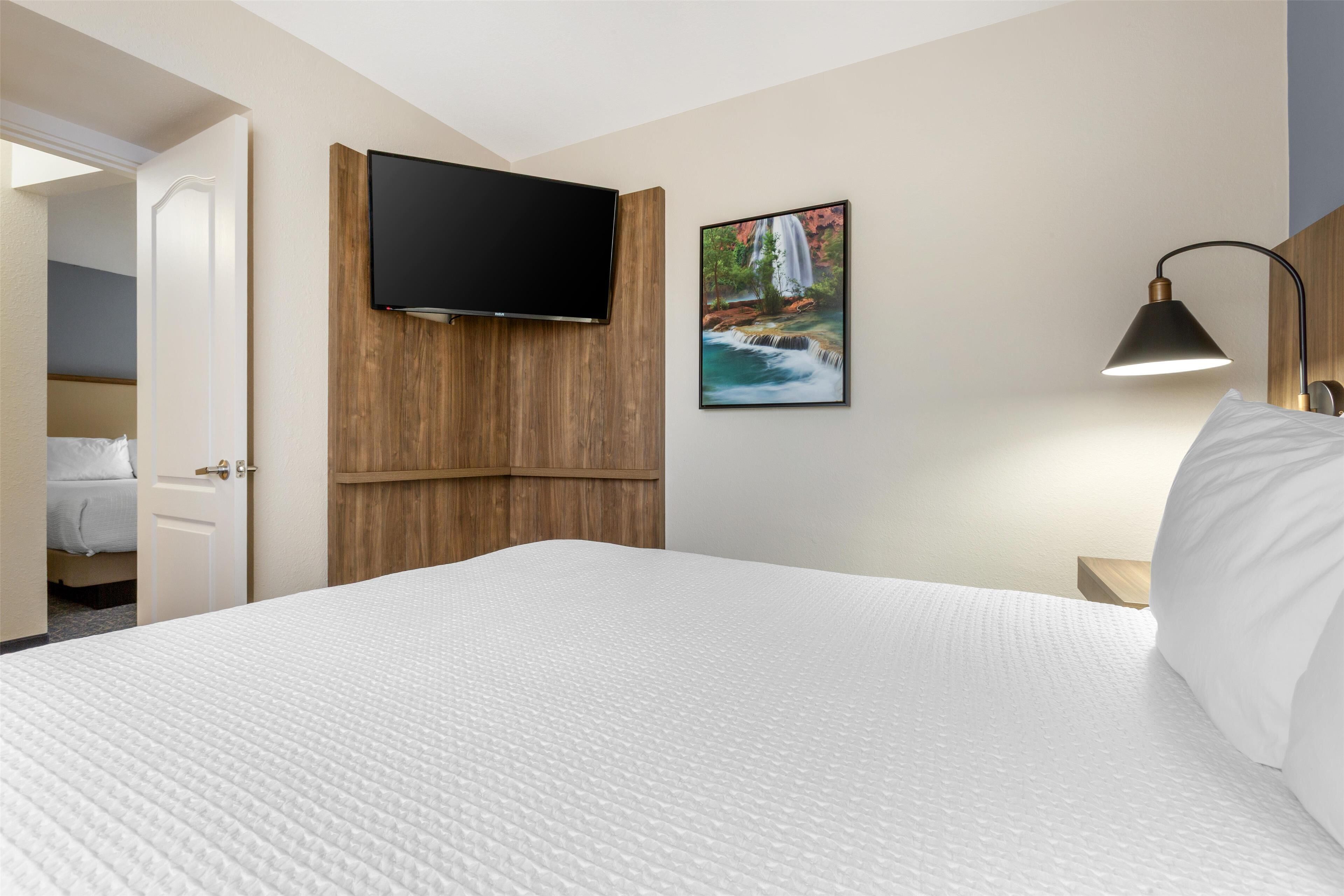 A hotel room with a bed, a mounted TV, a painting of a waterfall, and a bedside lamp.