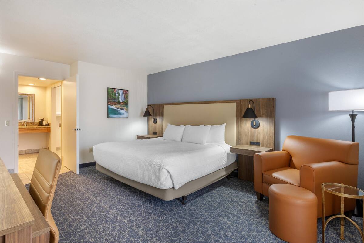 A hotel room with a large bed, a desk, a chair, and a small table.