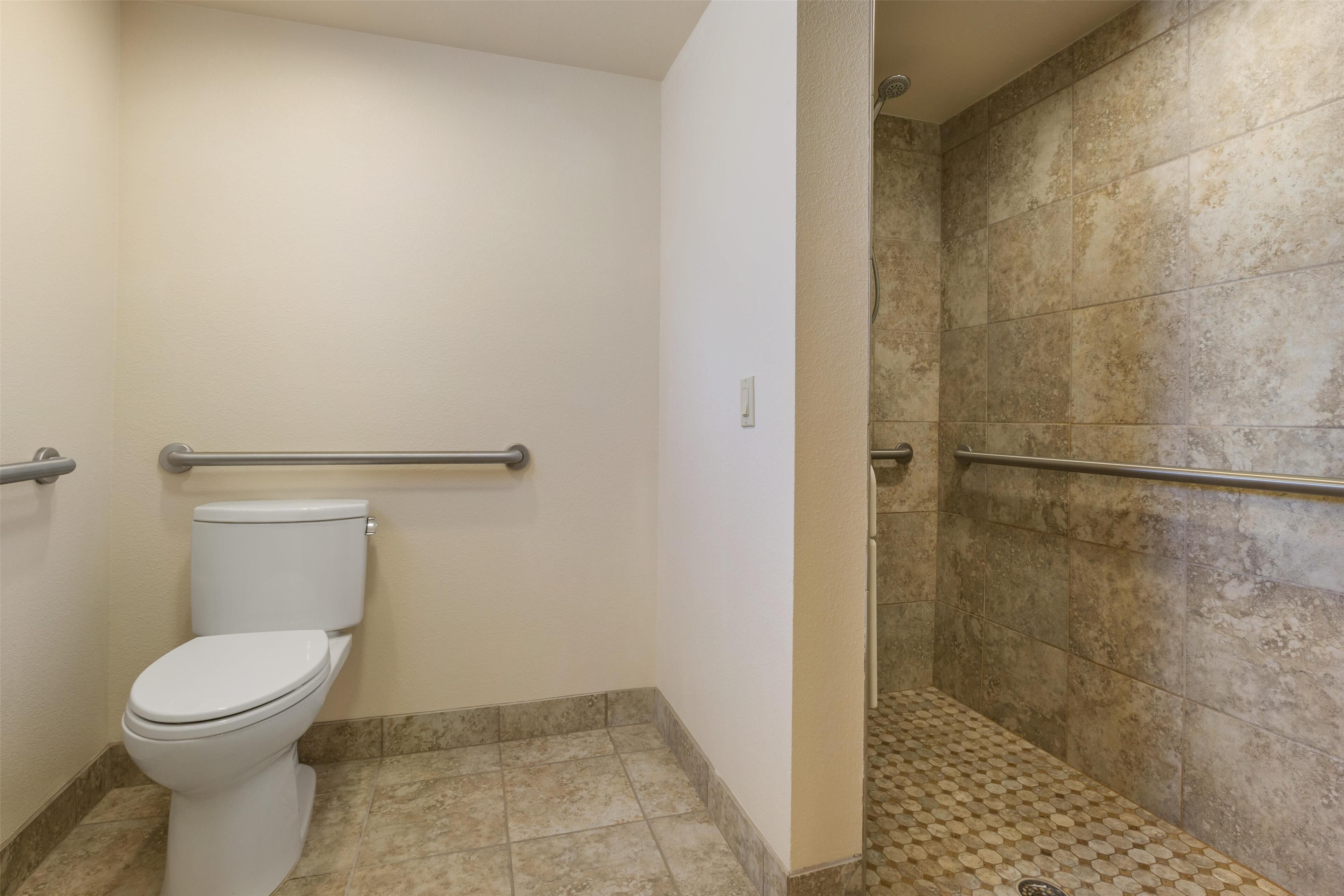 standard room, 1 king bed, accessible, non smoking | bathroom | hair dryer, towels, soap, shampoo