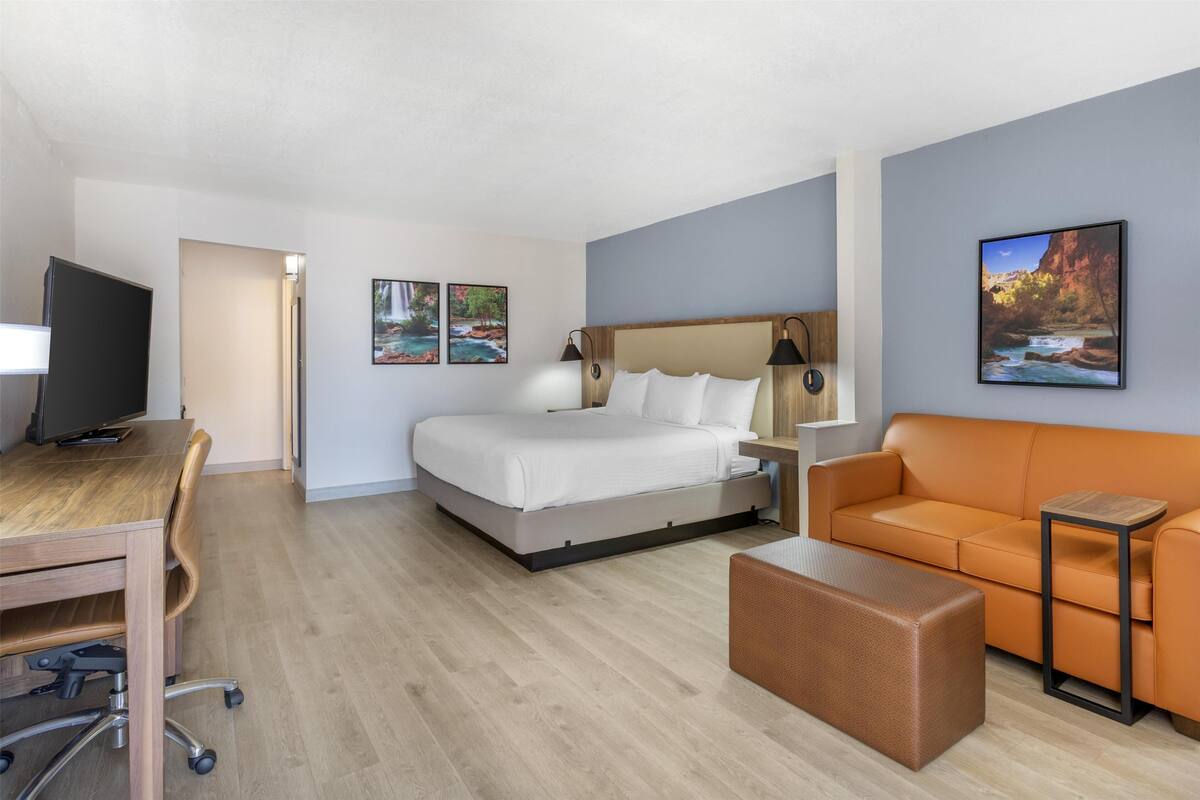 A hotel room with a bed, a desk with a chair, an orange sofa, a small table, and a TV.