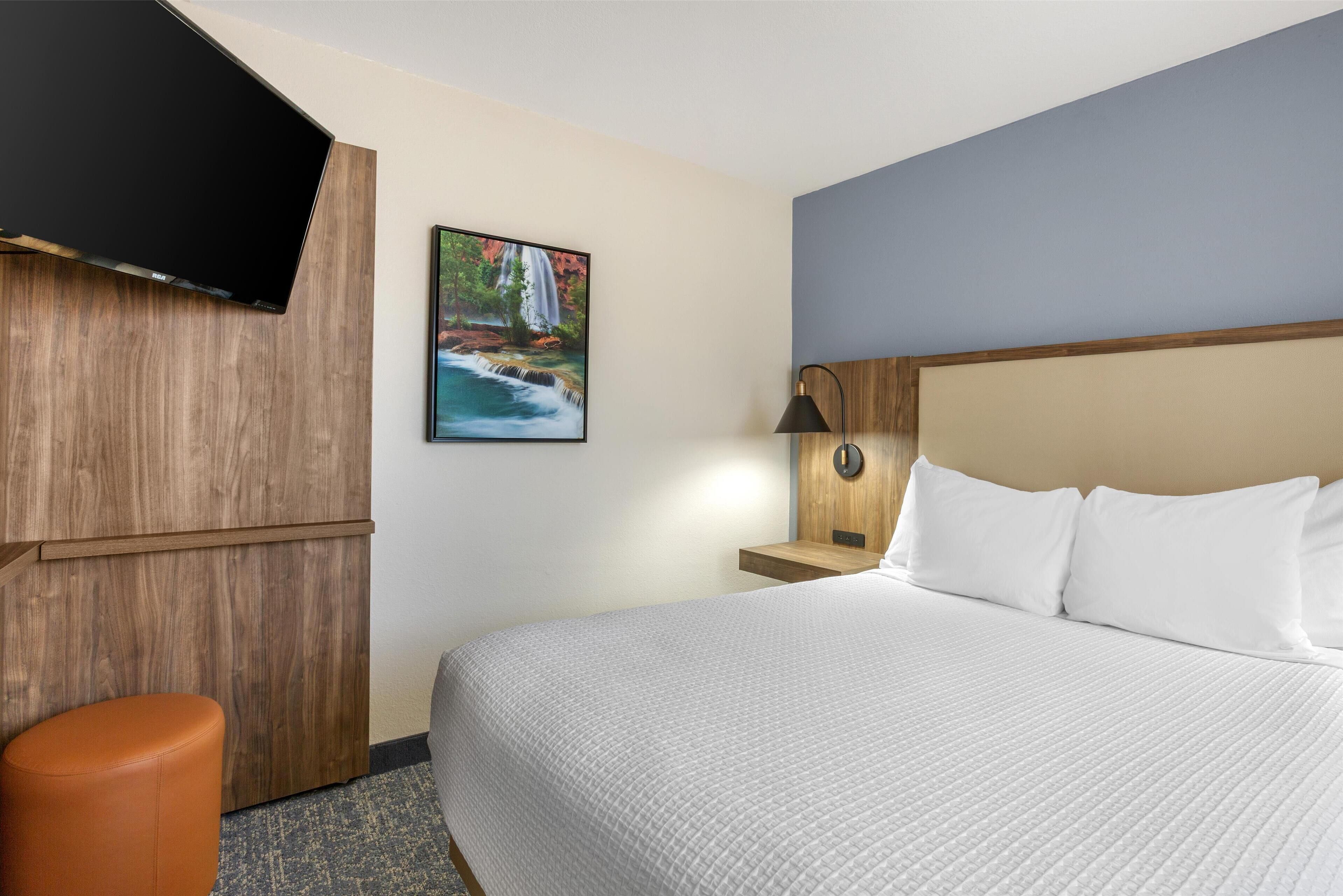 A hotel room with a large bed, a flat-screen TV mounted on a wooden panel, a nightstand with a lamp, and a painting of a waterfall.